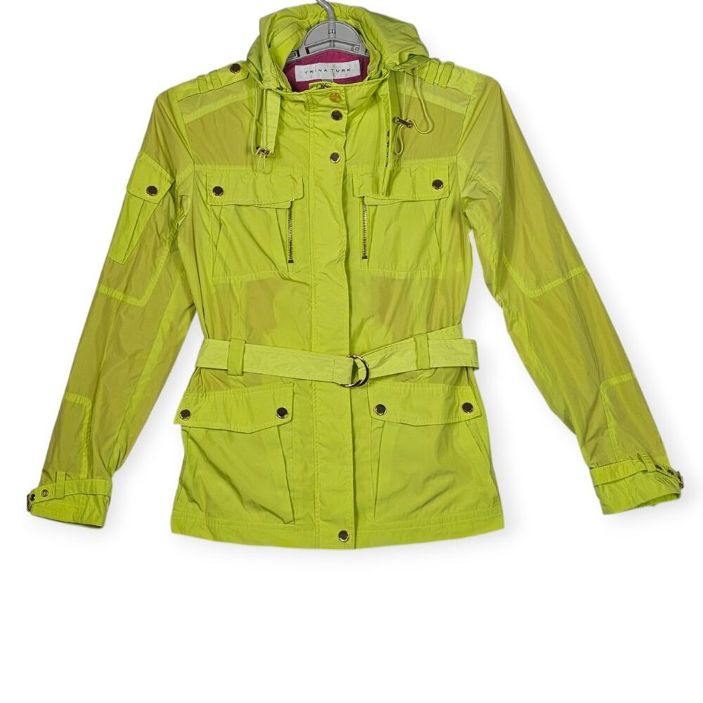 Trina Turk Hooded Utility Anorak Jacket - Women's Medium - Neon Lime Green